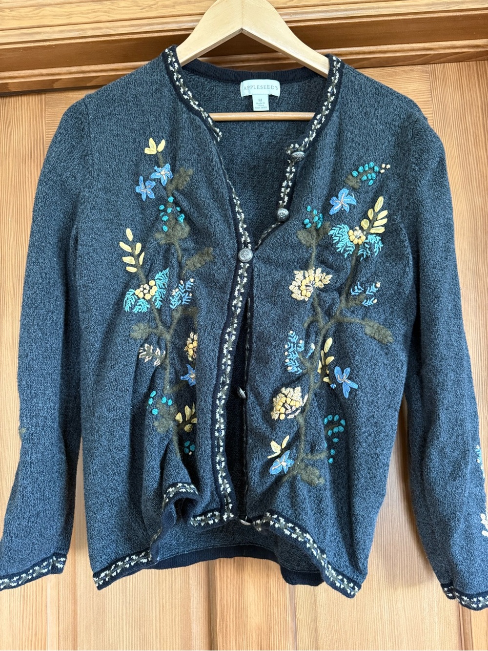 Appleseed's Dark Gray Embroidered Floral Cardigan with Blue & Yellow Accents